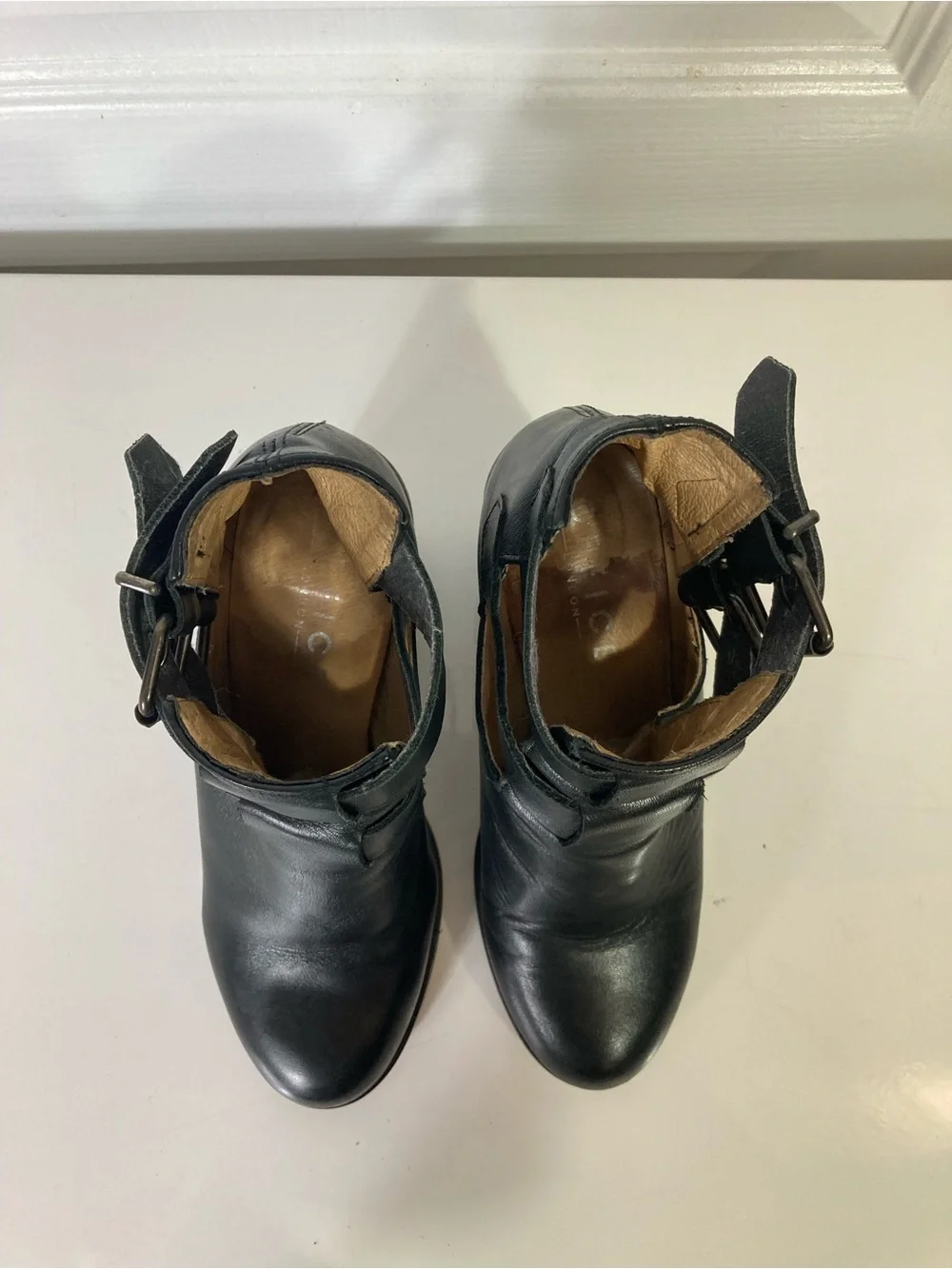 OFFICE LONDON Boots EU 37/US 7 Black Leather 2-Straps Buckle Stack Block Heel